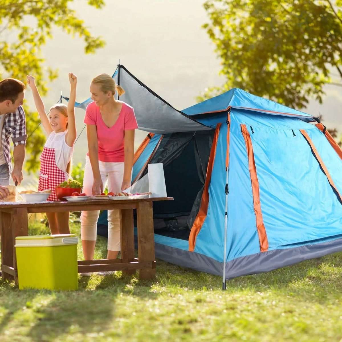Blue 4-5 person camping tent set up in a yard with open door and mesh window.