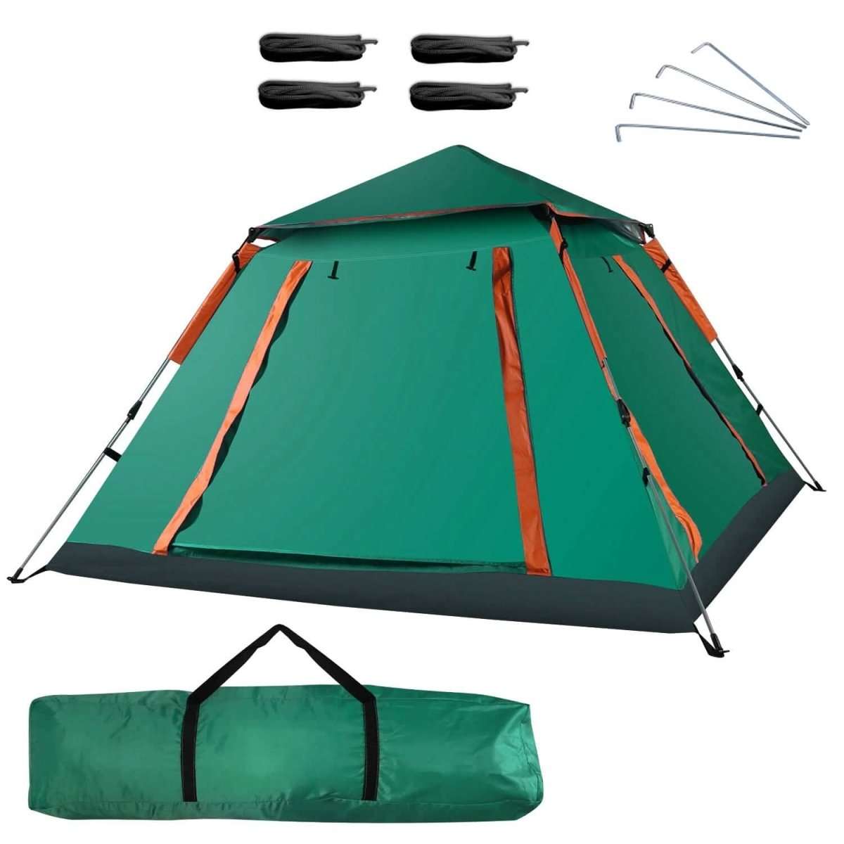 Green 4-5 person camping tent, folded base shown with included carrying bag and stakes.