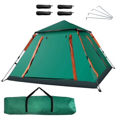 Green 4-5 person camping tent, folded base shown with included carrying bag and stakes.