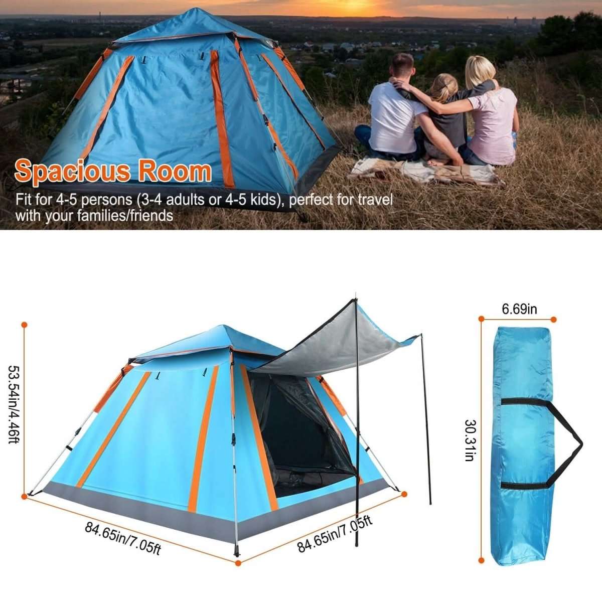 4-5 person blue camping tent with orange stripes, front door open and screened interior
