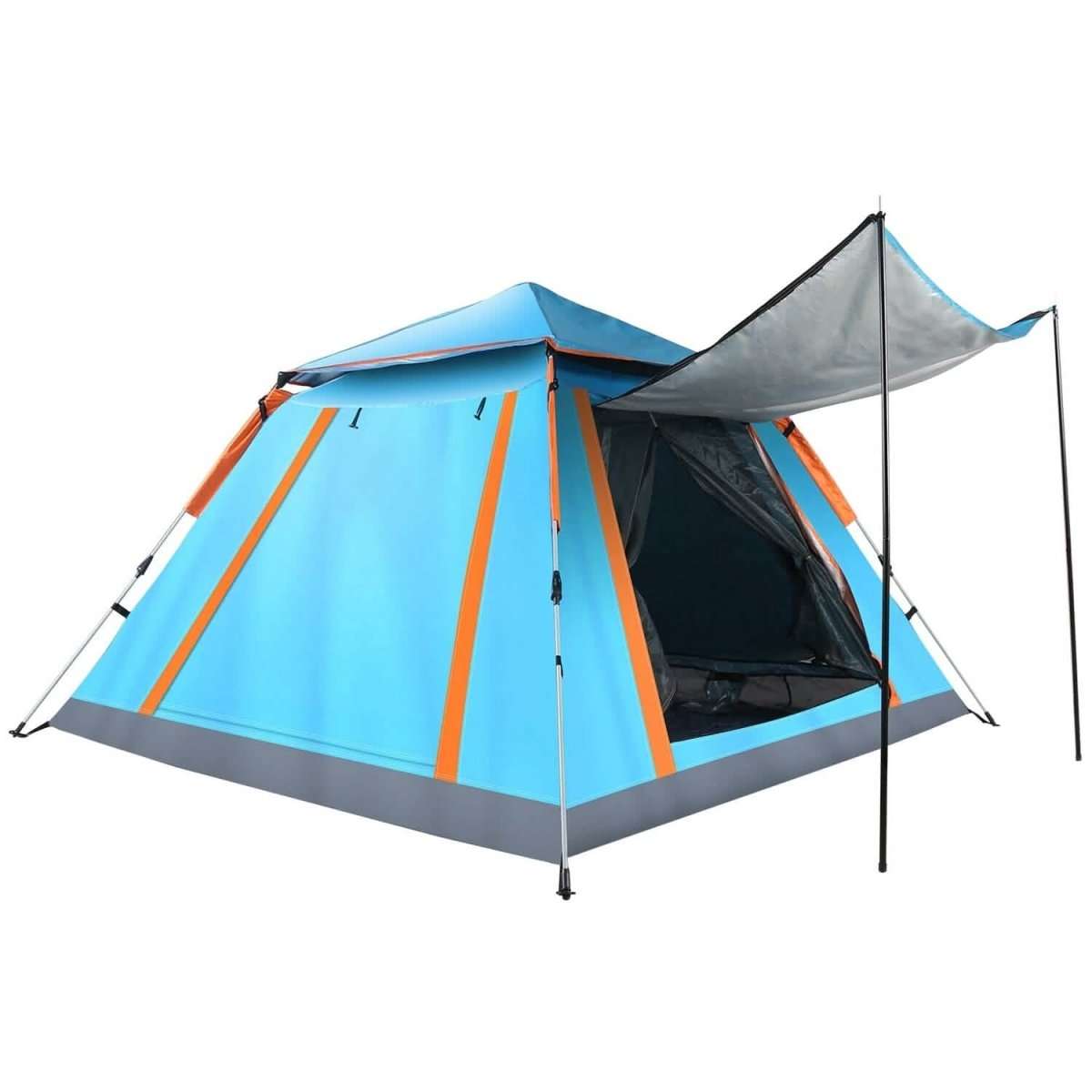 4-5 person camping tent with blue fabric, orange accents, and open front vestibule.