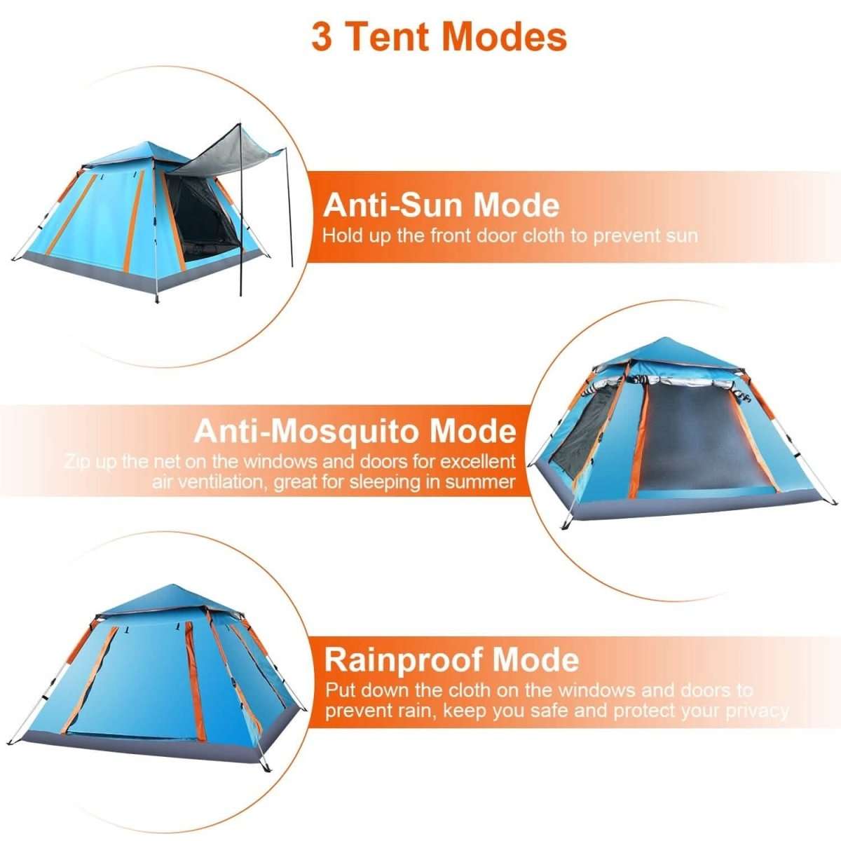Blue dome camping tent with orange stripes and raised front door panel