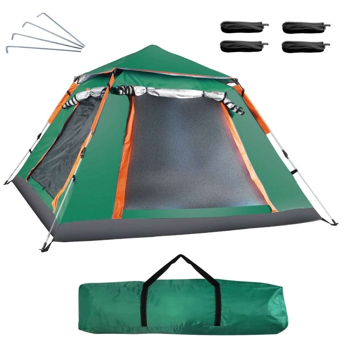 Green 4-5 person camping tent with mesh inner wall, orange trim, and side awning view.