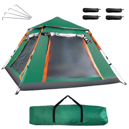 Green 4-5 person camping tent with mesh inner wall, orange trim, and side awning view.