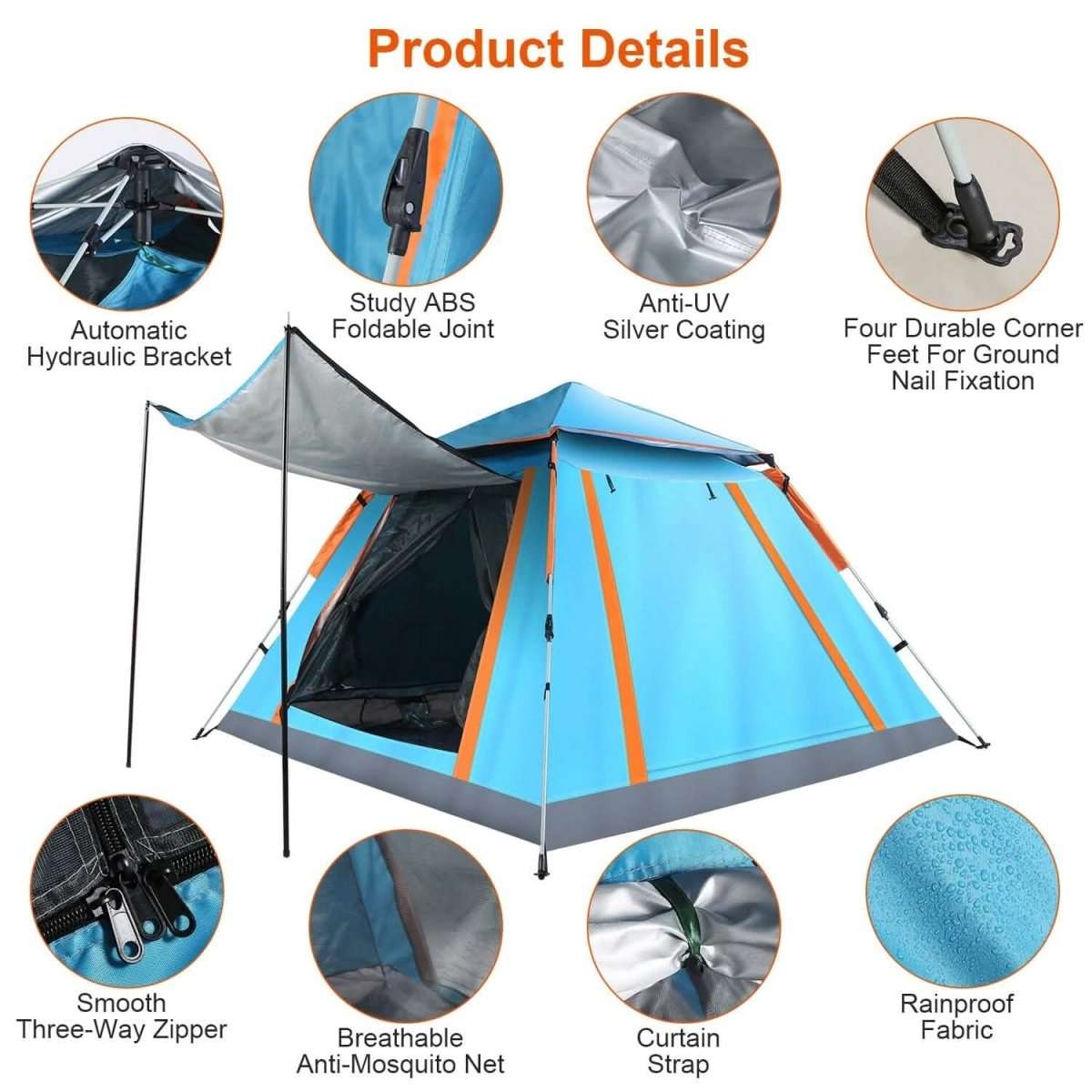 Blue camping tent with orange trim, open door and overhead mesh ventilation panels