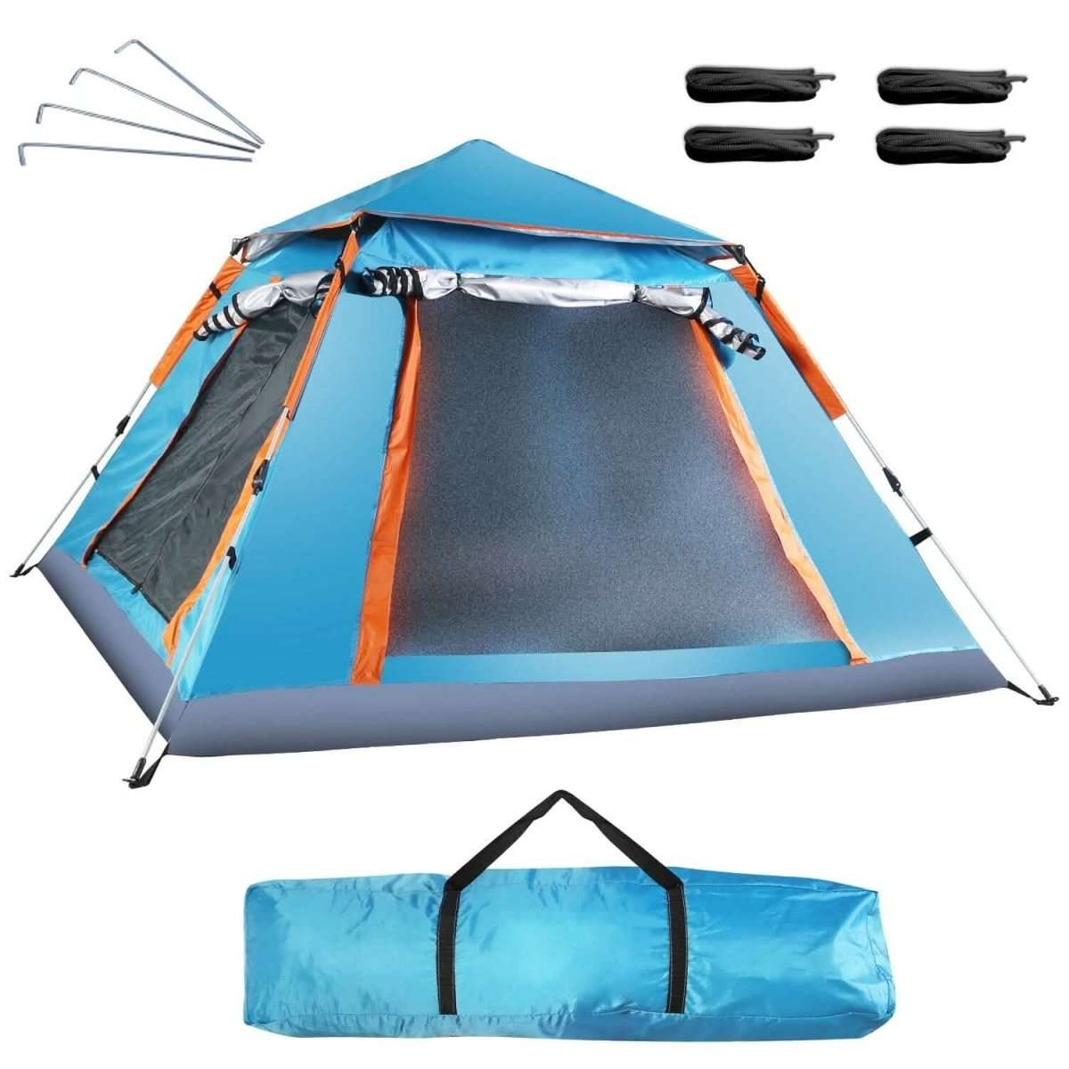Blue 4-5 person camping tent with mesh inner wall, orange trim, and side awning view.
