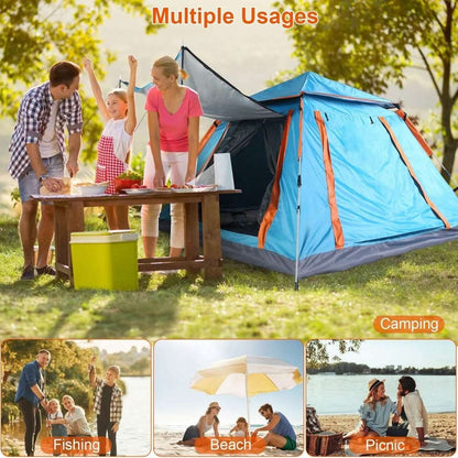 4-5 person blue camping tent with orange stripes and front doorway opening