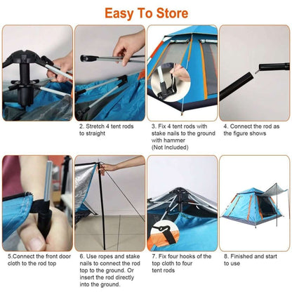 Blue camping tent with orange trim being set up with upright frame poles