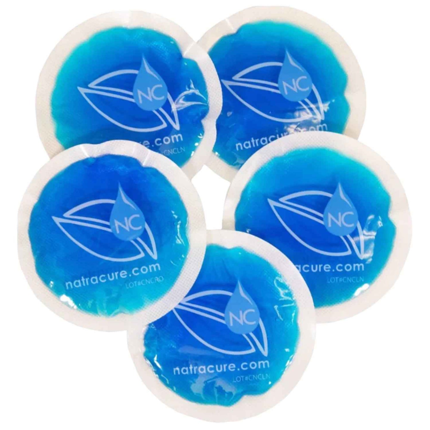 5-pack round reusable gel cold packs, blue gel with white outer border