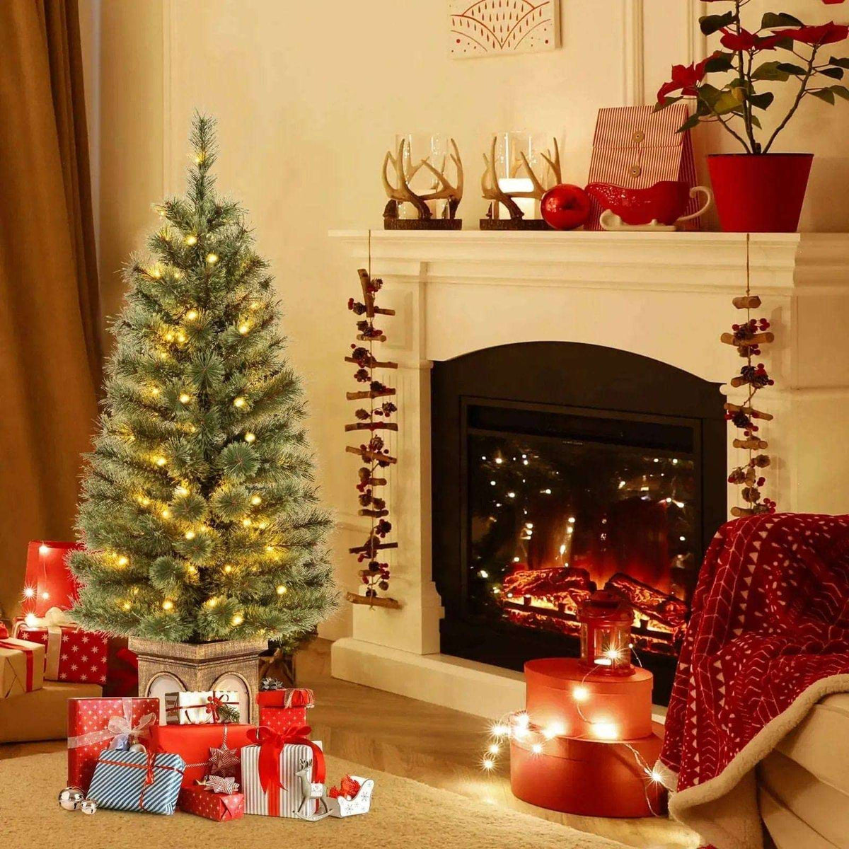 4 Feet Pre-Lit Potted Christmas Tree Pine Needles Cartsfy Inc.