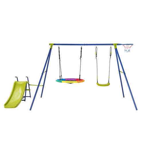 Blue heavy-duty metal playset with green slide and four swings, includes basketball hoop net
