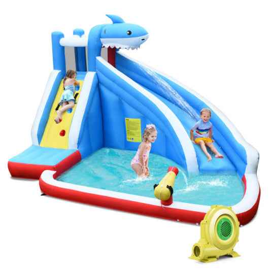 Inflatable 4-in-1 water slide park with long blue shark slide and blower base