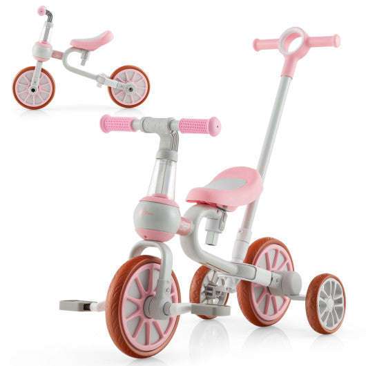 Pink kids tricycle with parent push handle and adjustable seat