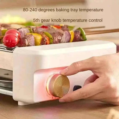 White sausage grill with temperature control knob being turned by a hand