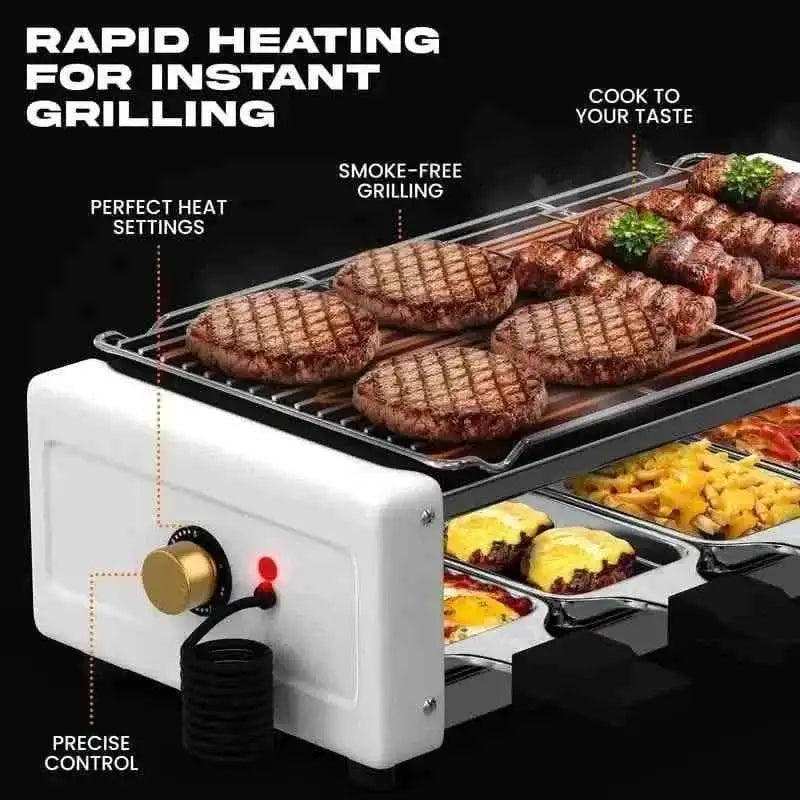 White sausage grill with wire racks holding grilled sausages and cooked food