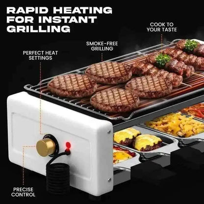White sausage grill with wire racks holding grilled sausages and cooked food