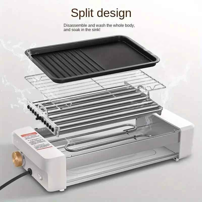 Split countertop sausage grill showing removable black griddle and drip tray