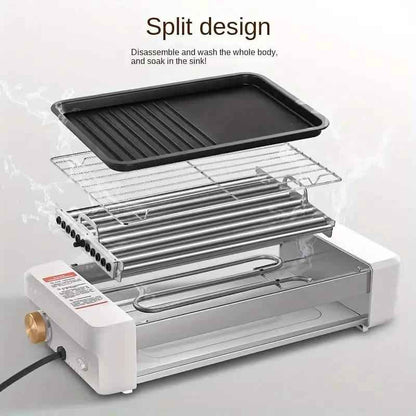 Split countertop sausage grill showing removable black griddle and drip tray