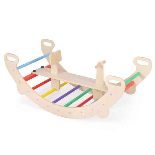 Multicolor wooden climbing rocker toy with curved base and colorful rails