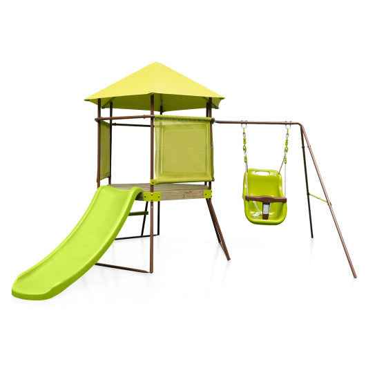 Green 4-in-1 swing set with covered playhouse, slide, and two swing seats
