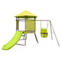 Green 4-in-1 swing set with covered playhouse, slide, and two swing seats