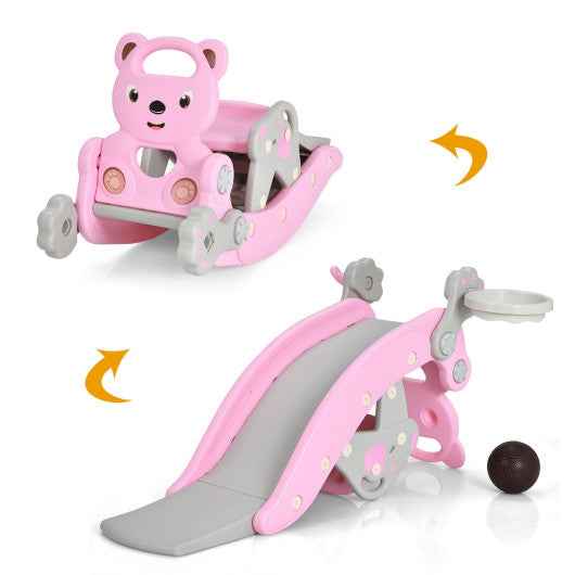 Pink 4-in-1 toddler slide and rocking horse playset with basketball hoop and ball