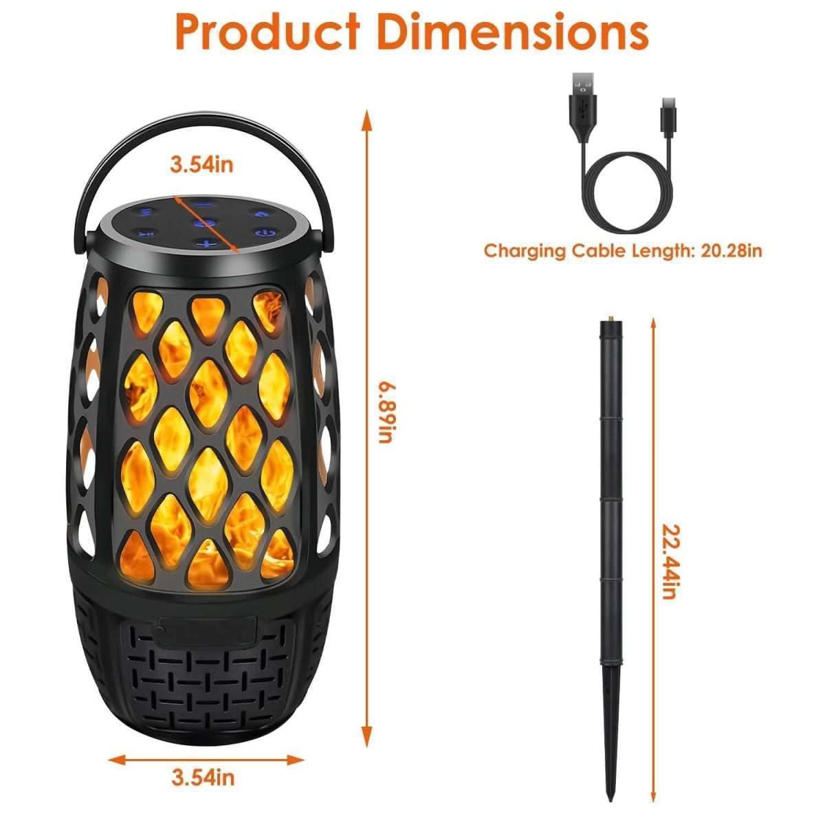 Black outdoor speaker lantern with light glow, charging cable and ground stake included