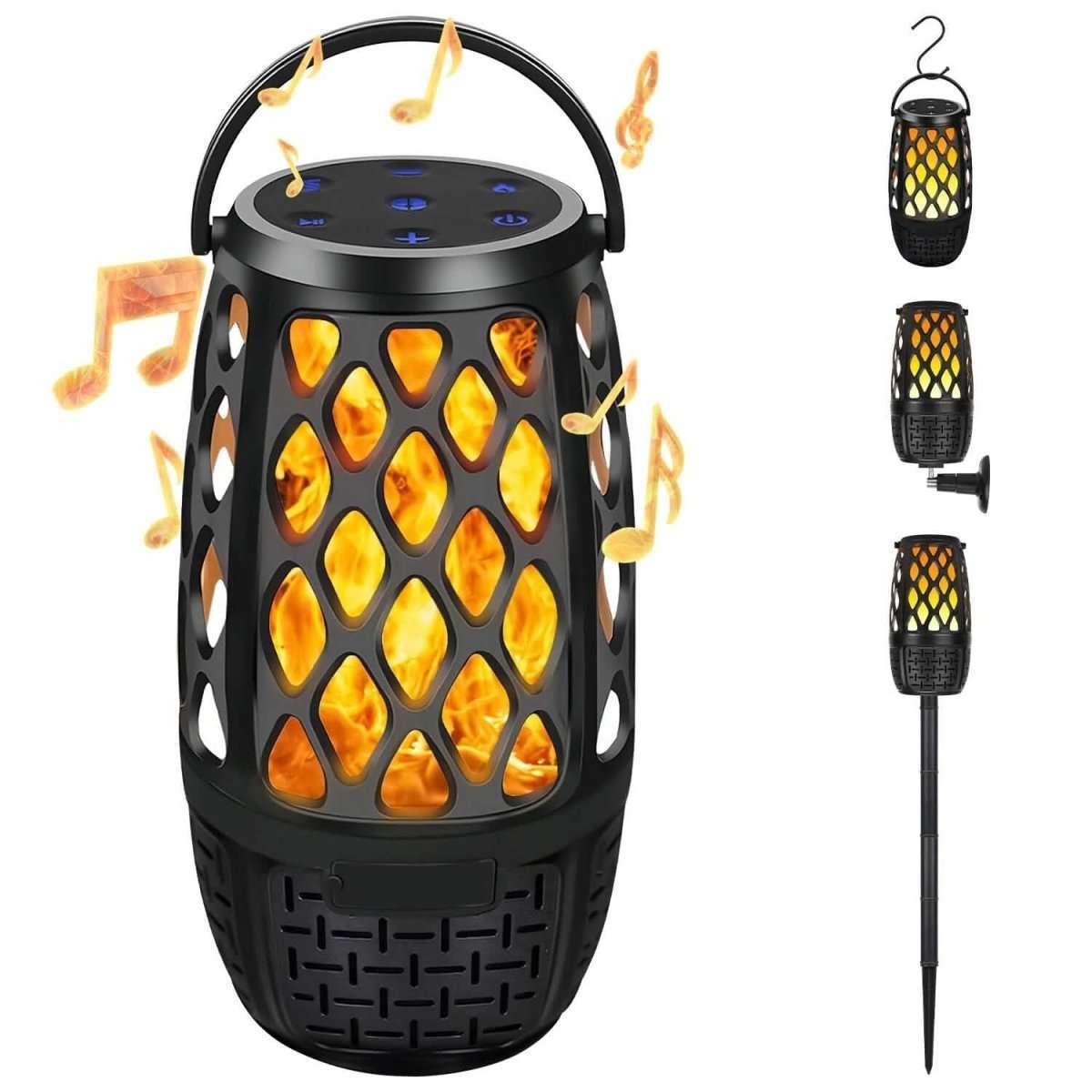 Outdoor speaker lantern, black with glowing diamond light panels and top handle