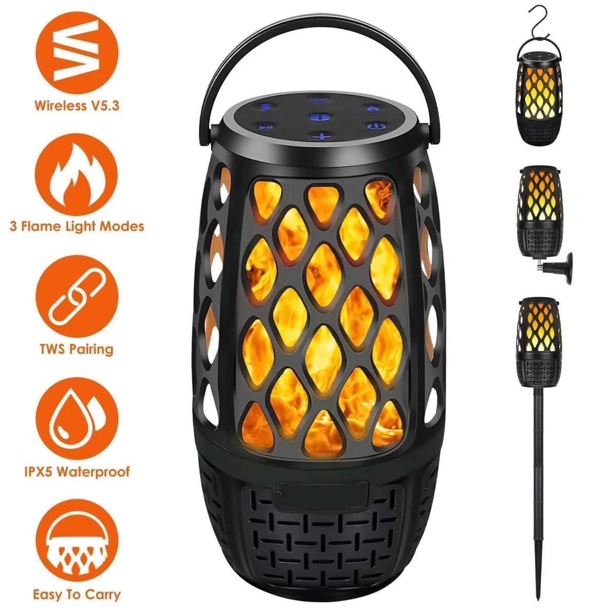 Outdoor speaker lantern, black body with top control pad and three flame light modes