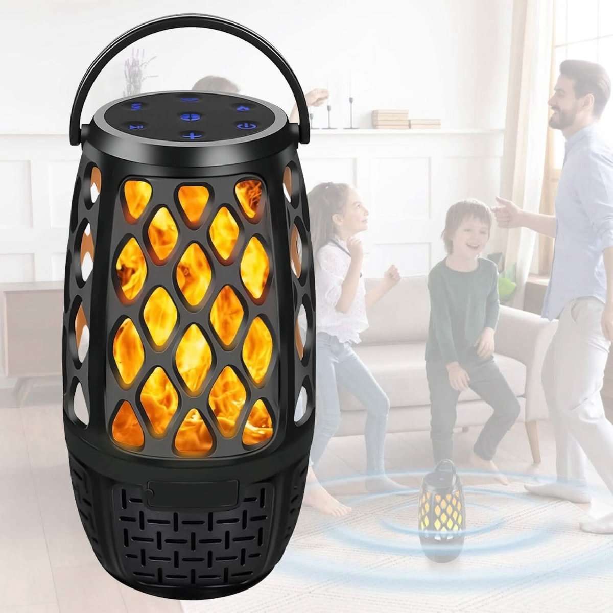 Black portable speaker with top handle and glowing amber LED speaker grille