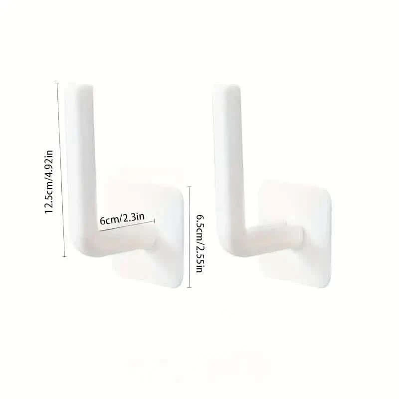 White wall-mount toilet paper holder dimensions: 12.5 in height, 6 in base