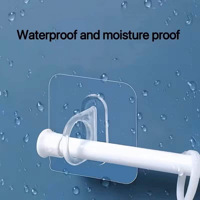 Clear adhesive hook with chrome holder and white tube, shown against water droplets