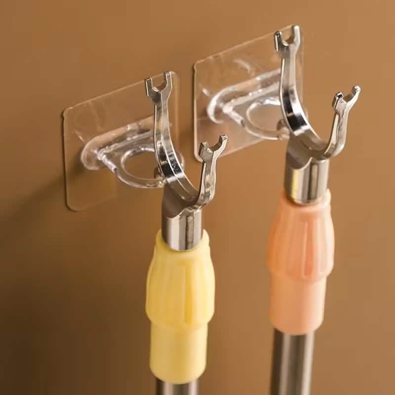 Clear adhesive wall hooks with chrome arms and included colored caps