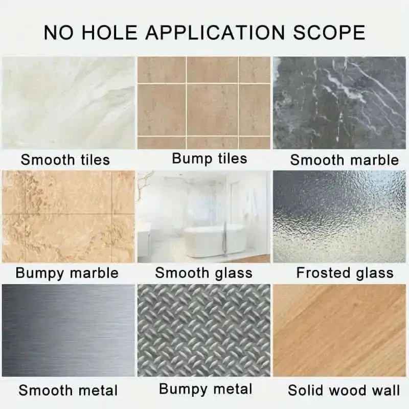 No-hole adhesive mounting works on smooth tiles, marble, glass, and wood