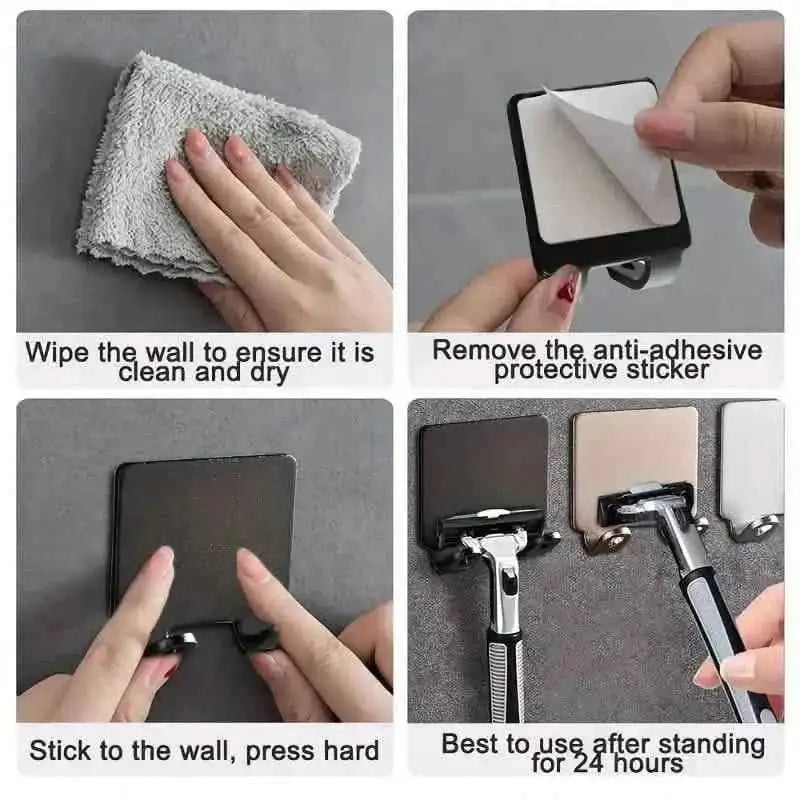 Adhesive razor hook installation: wipe wall, peel backing, press firmly