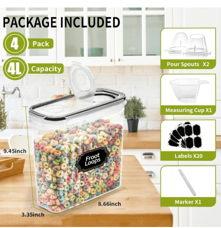 4 - Piece Set: Airtight Cereal Storage Containers with Pour Spouts & Measuring Cup – 4L Kitchen Pantry Organizer - Cartsfy Inc.