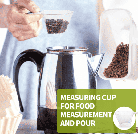 Measuring cup pouring cereal into a clear airtight food storage container