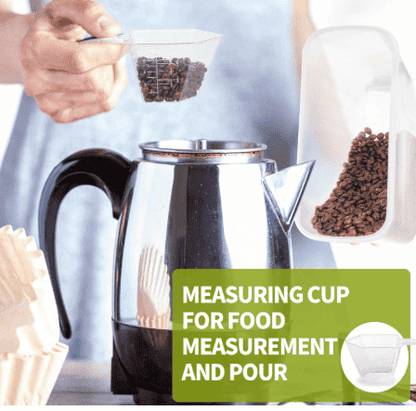 Measuring cup pouring cereal into a clear airtight food storage container
