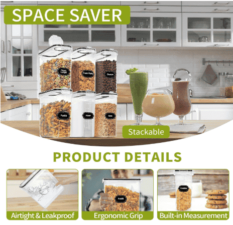 Stackable clear airtight food storage containers with black label stickers