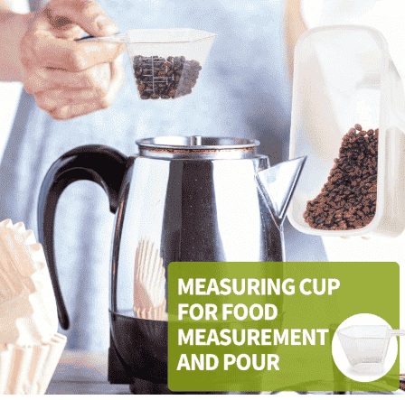 Clear airtight cereal container with pour spout, filled from measuring cup