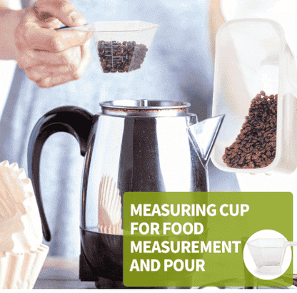 Clear airtight cereal container with pour spout, filled from measuring cup