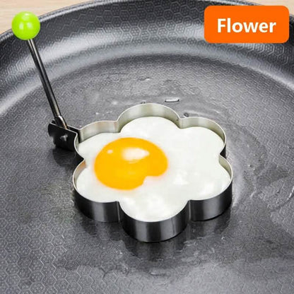 Flower-shaped egg ring mold with handle, holding a sunny-side egg