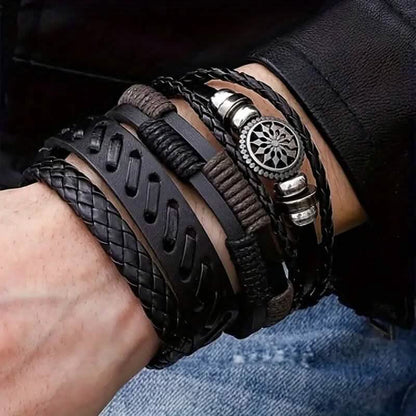 4 - Piece Set: Exquisite Vintage - Style PU Leather Woven Handmade Charm Bracelets for Men - Cartsfy Inc.