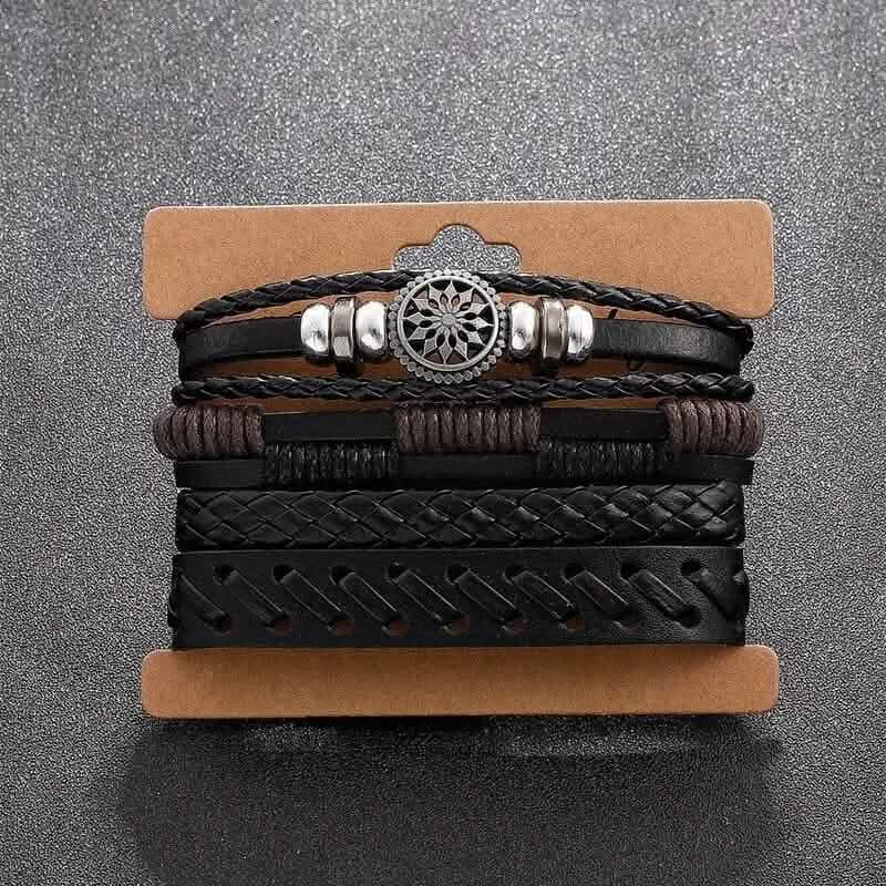 4 - Piece Set: Exquisite Vintage - Style PU Leather Woven Handmade Charm Bracelets for Men - Cartsfy Inc.