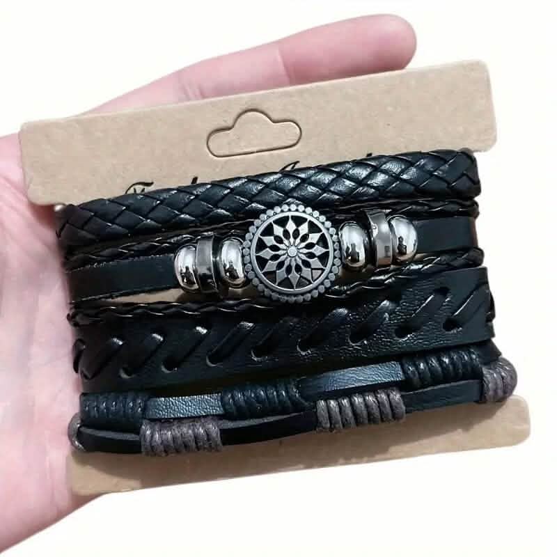 4 - Piece Set: Exquisite Vintage - Style PU Leather Woven Handmade Charm Bracelets for Men - Cartsfy Inc.