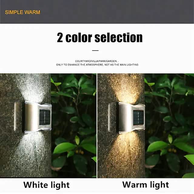 Solar wall lights showing cool white and warm white glow, brushed metal housings
