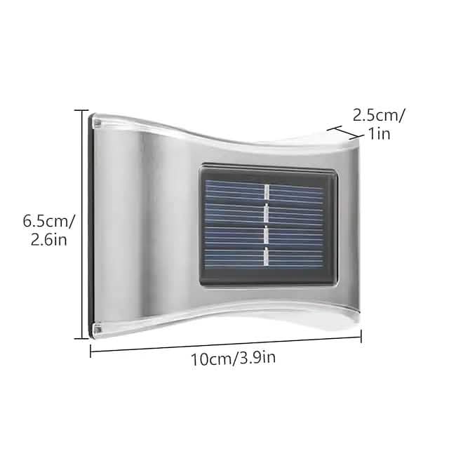 Single solar wall light with brushed metal housing and rectangular solar-panel window, 10cm wide