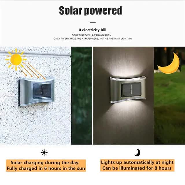 Solar wall light pair with brushed metal housings and dark window panels