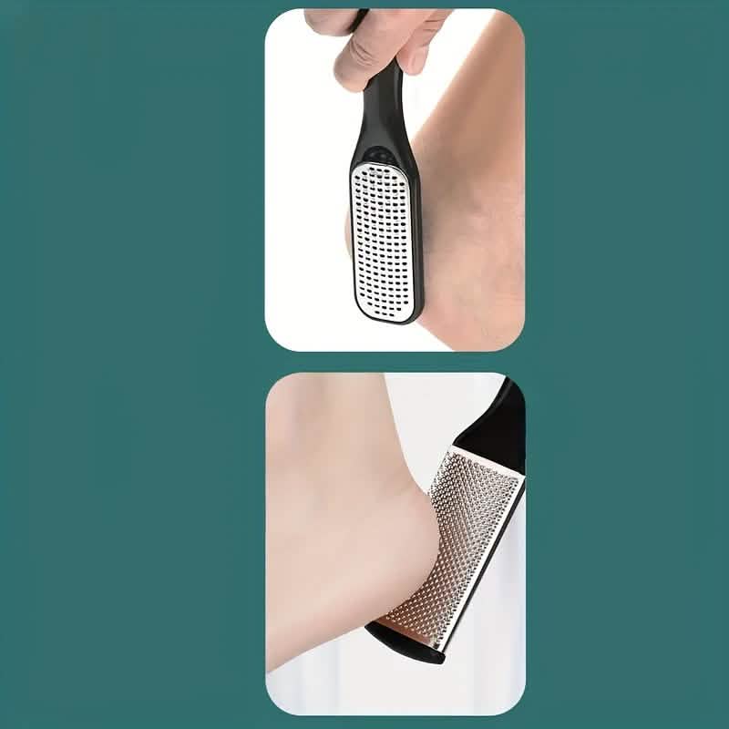 Foot file with black handle and stainless textured pad used on a person’s foot