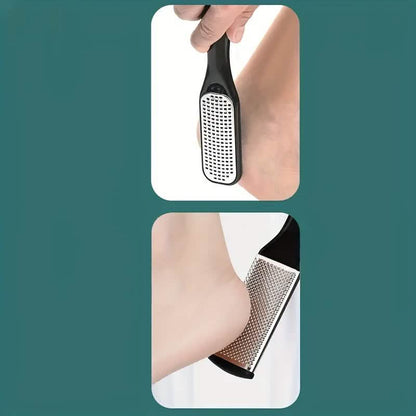 Foot file with black handle and stainless textured pad used on a person’s foot